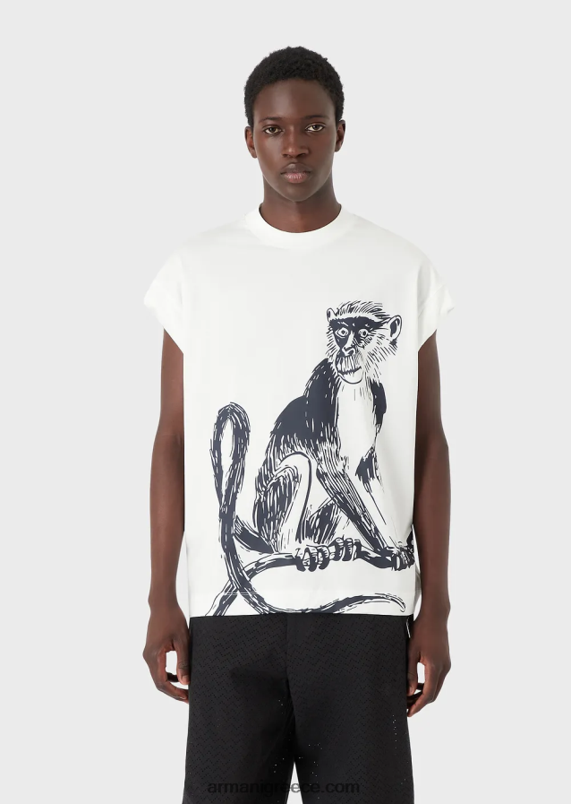 άνδρες Armani φαρδιά μπλουζάκι σε ζέρσεϊ από μείγμα tencel με στάμπα μακάκου 4046R61660 άσπρο