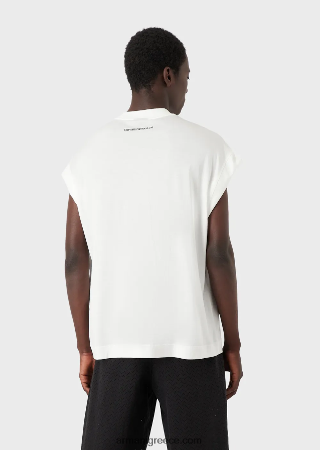 άνδρες Armani φαρδιά μπλουζάκι σε ζέρσεϊ από μείγμα tencel με στάμπα μακάκου 4046R61660 άσπρο
