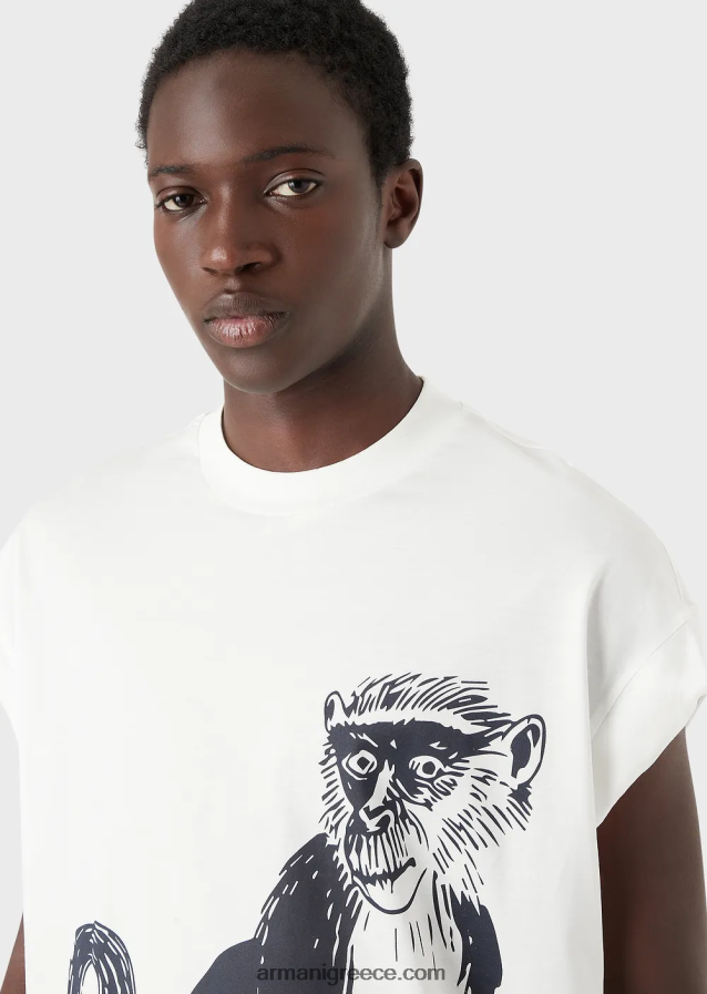 άνδρες Armani φαρδιά μπλουζάκι σε ζέρσεϊ από μείγμα tencel με στάμπα μακάκου 4046R61660 άσπρο