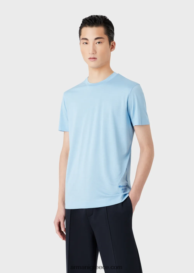 άνδρες Armani Μπλουζάκι ζέρσεϊ tencel-blend με ανάγλυφο τρισδιάστατο λογότυπο 4046R61642 γαλανός