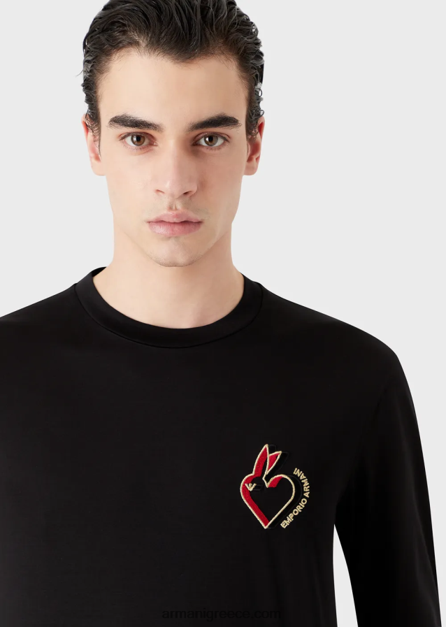 άνδρες Armani τζέρσεϊ πουκάμισο tencel-blend με κέντημα κουνελιού 4046R61658 μαύρος