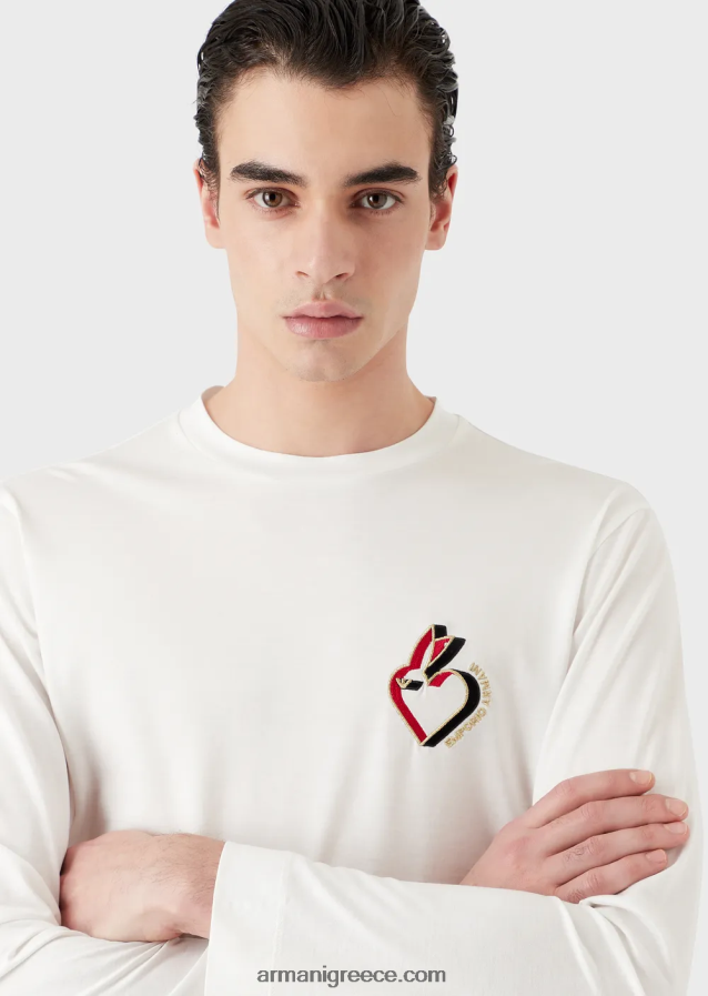 άνδρες Armani τζέρσεϊ πουκάμισο tencel-blend με κέντημα κουνελιού 4046R61659 άσπρο