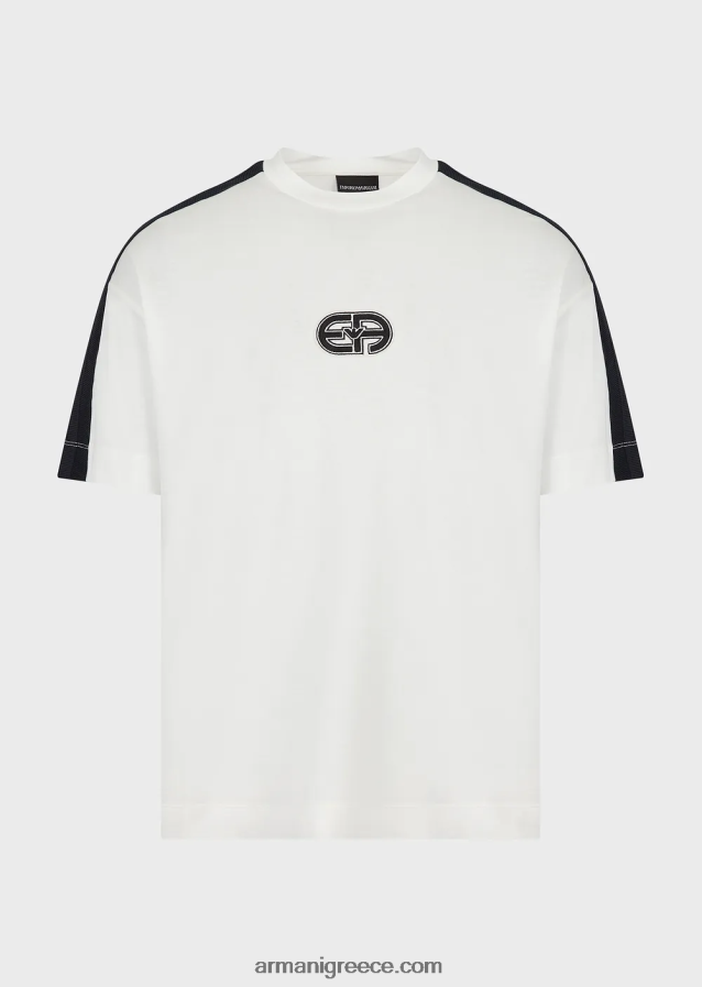 άνδρες Armani Μπλουζάκι ζέρσεϊ από μείγμα tencel με ea patch και ρίγες 4046R61686 γαλακτώδες λευκό