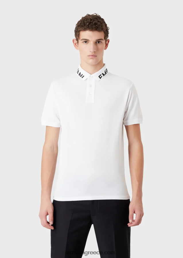 άνδρες Armani Πικέ μπλουζάκι πόλο μερσερίντ με λογότυπο γιακά 4046R61527 λευκό λογότυπο