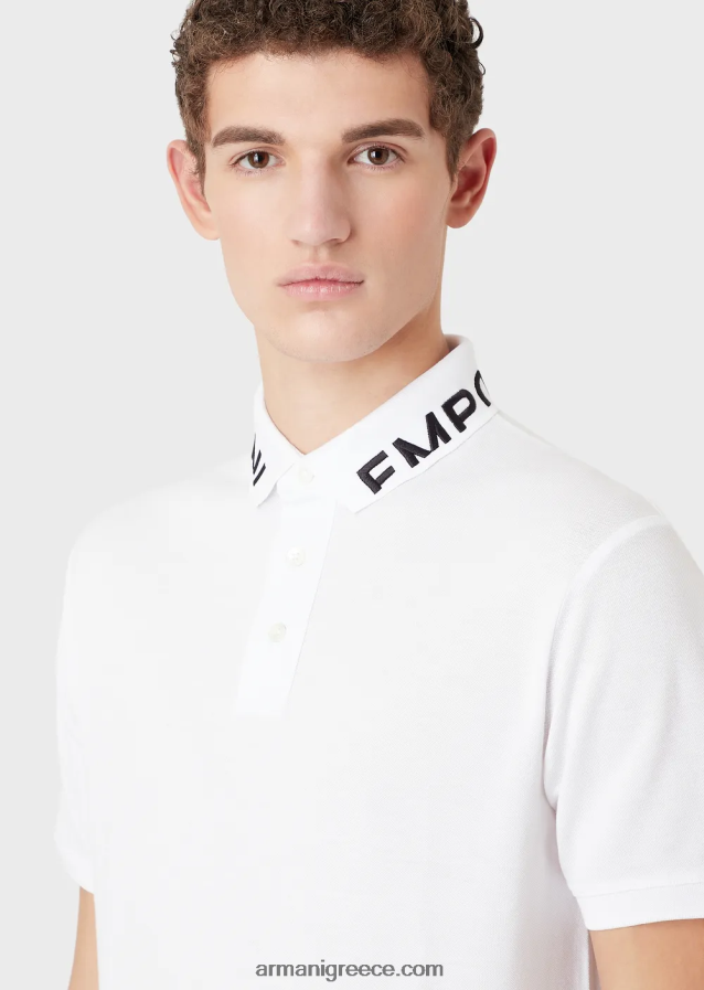 άνδρες Armani Πικέ μπλουζάκι πόλο μερσερίντ με λογότυπο γιακά 4046R61527 λευκό λογότυπο