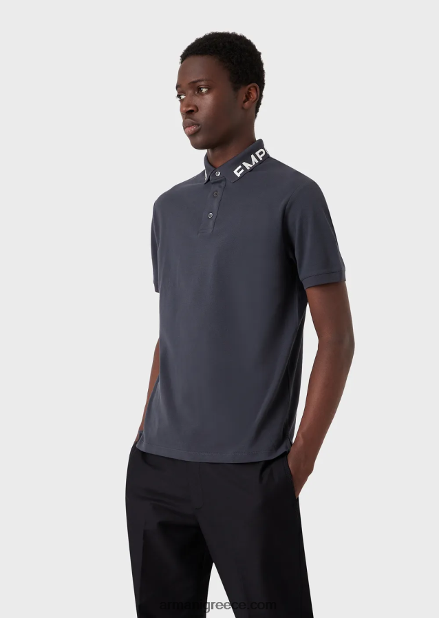 άνδρες Armani Πικέ μπλουζάκι πόλο μερσερίντ με λογότυπο γιακά 4046R61528 avio
