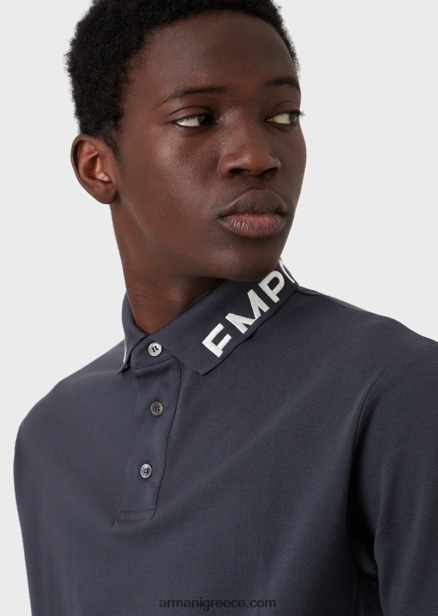 άνδρες Armani Πικέ μπλουζάκι πόλο μερσερίντ με λογότυπο γιακά 4046R61528 avio