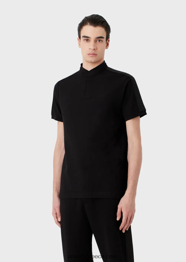 άνδρες Armani ζέρσεϊ πόλο μπλουζάκι με γιακά γκουρού και ταινία με λογότυπο 4046R61535 μαύρος