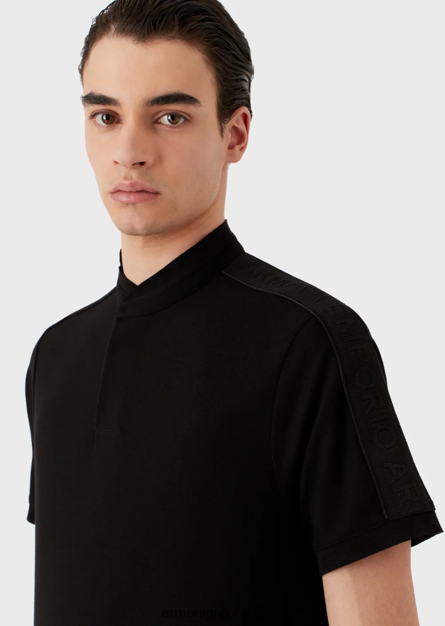 άνδρες Armani ζέρσεϊ πόλο μπλουζάκι με γιακά γκουρού και ταινία με λογότυπο 4046R61535 μαύρος