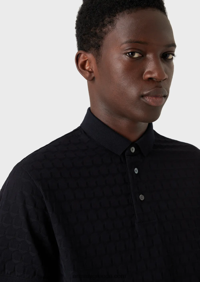 άνδρες Armani ζέρσεϊ πόλο μπλουζάκι με γεωμετρικό μοτίβο ζακάρ 4046R61536 ναυτικό μπλε