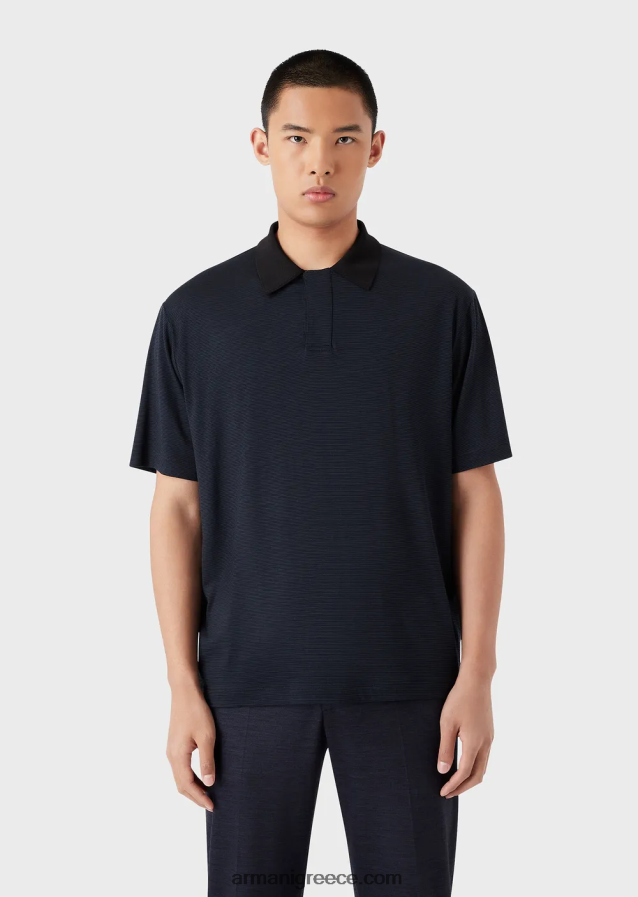 άνδρες Armani ριγέ πουκάμισο πόλο ζέρσεϊ από καθαρό παρθένο μαλλί 4046R61537 ναυτικό μπλε