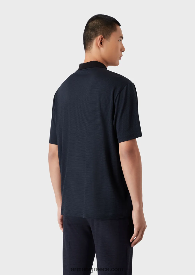 άνδρες Armani ριγέ πουκάμισο πόλο ζέρσεϊ από καθαρό παρθένο μαλλί 4046R61537 ναυτικό μπλε