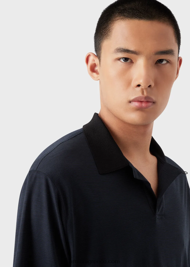 άνδρες Armani ριγέ πουκάμισο πόλο ζέρσεϊ από καθαρό παρθένο μαλλί 4046R61537 ναυτικό μπλε