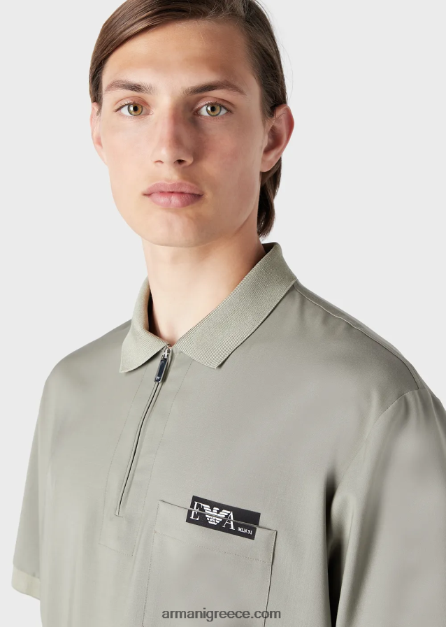 άνδρες Armani ανοιχτό μάλλινο πουκάμισο πόλο με μερικό φερμουάρ 4046R61543 γκρί