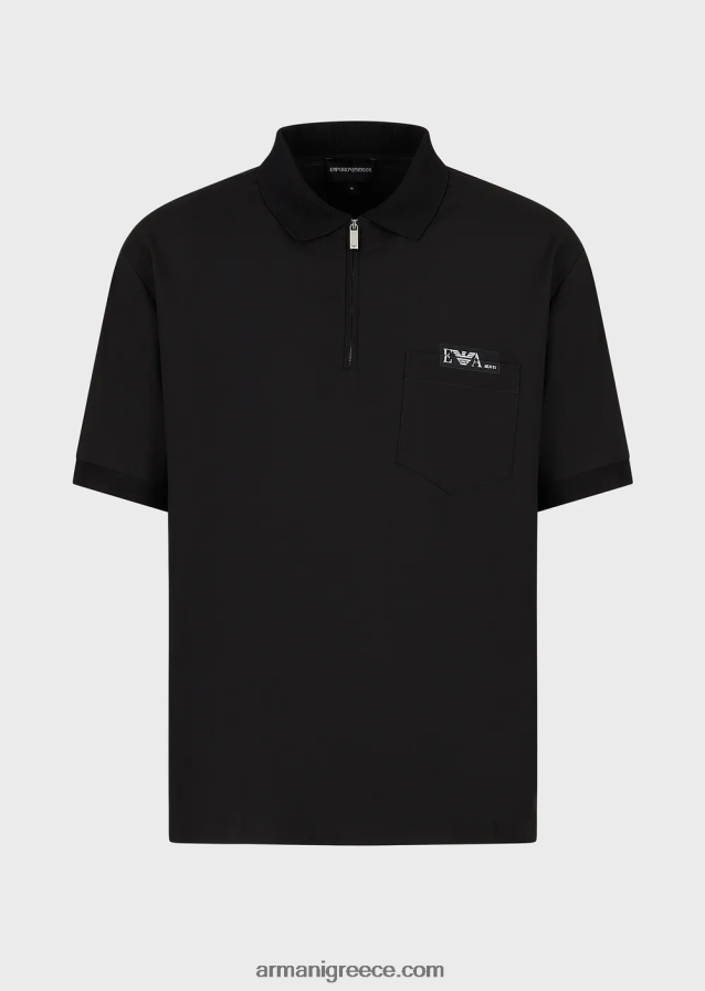 άνδρες Armani ανοιχτό μάλλινο πουκάμισο πόλο με μερικό φερμουάρ 4046R61544 μαύρος