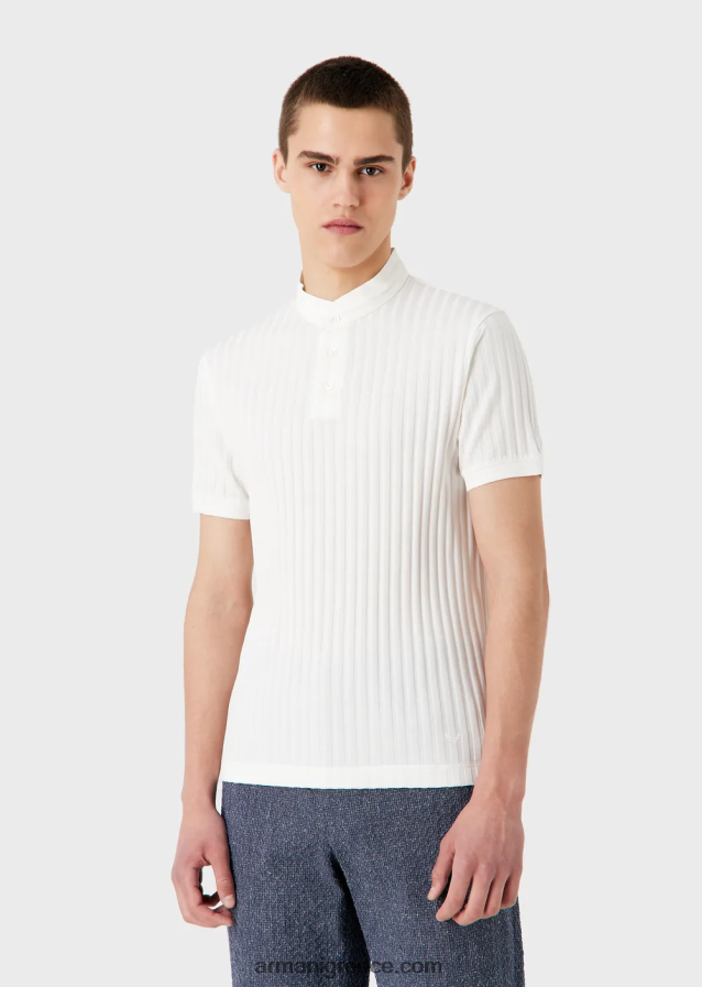 άνδρες Armani Πόλο μπλουζάκι με γιακά γκουρού με ζακάρ μοτίβο 4046R61545 άσπρο