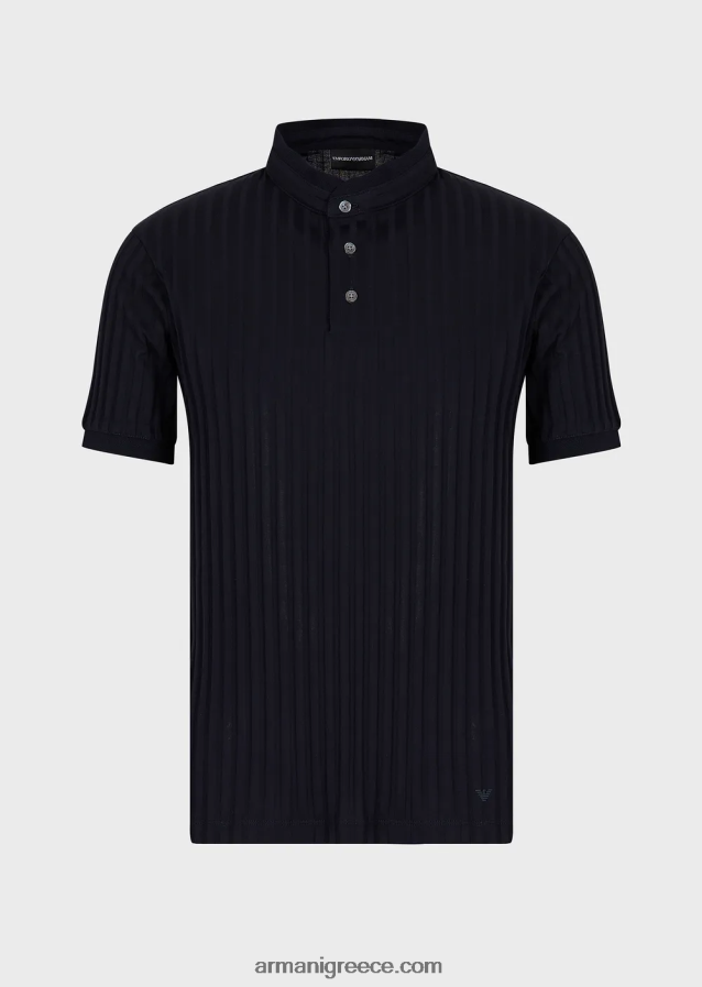 άνδρες Armani Πόλο μπλουζάκι με γιακά γκουρού με ζακάρ μοτίβο 4046R61546 ναυτικό μπλε