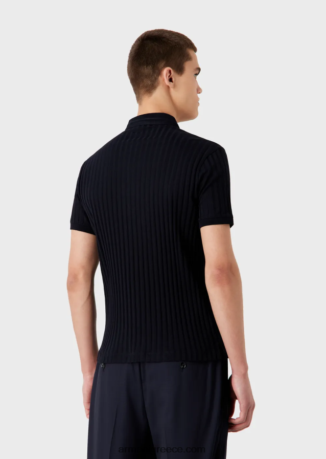 άνδρες Armani Πόλο μπλουζάκι με γιακά γκουρού με ζακάρ μοτίβο 4046R61546 ναυτικό μπλε