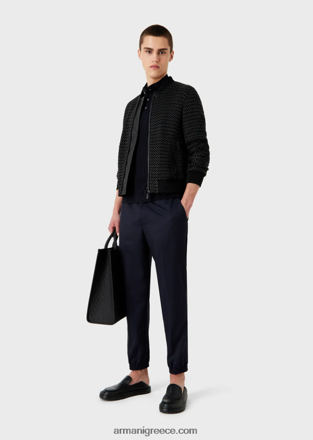 άνδρες Armani Πόλο μπλουζάκι με γιακά γκουρού με ζακάρ μοτίβο 4046R61546 ναυτικό μπλε