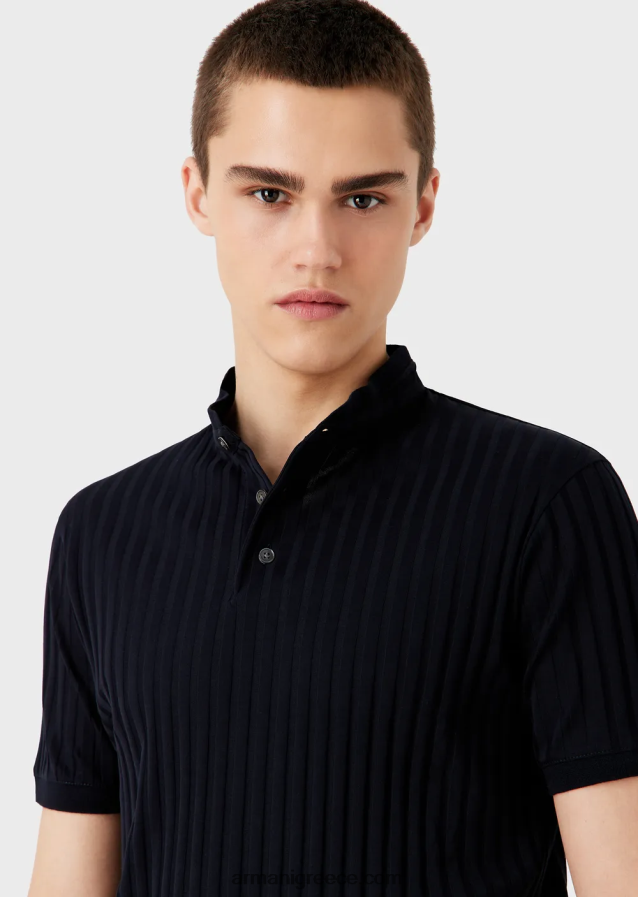 άνδρες Armani Πόλο μπλουζάκι με γιακά γκουρού με ζακάρ μοτίβο 4046R61546 ναυτικό μπλε