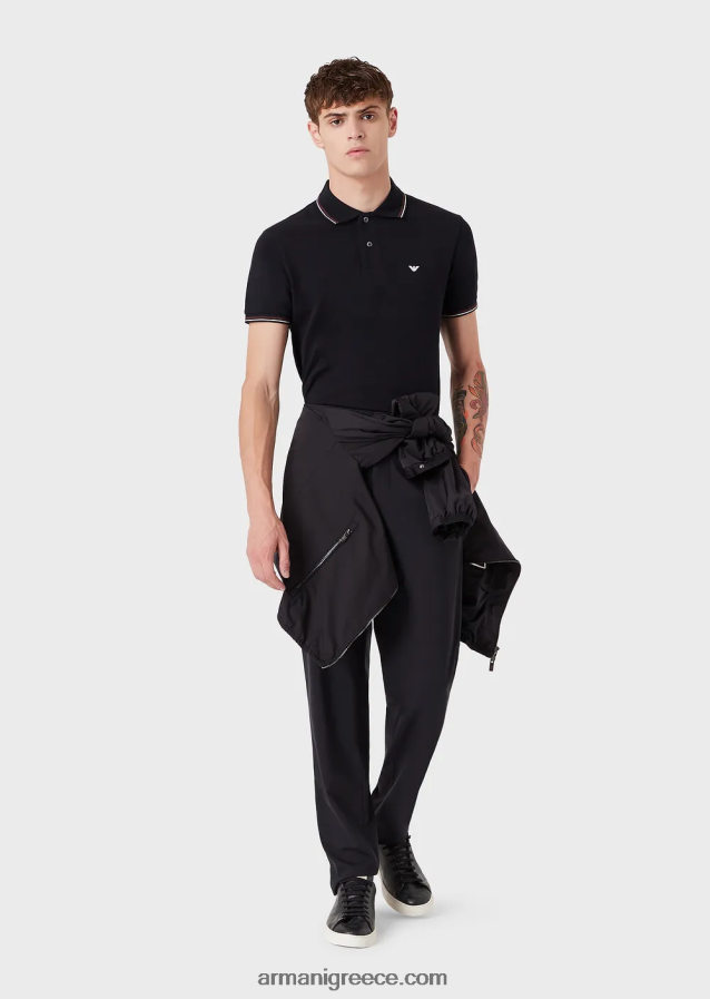 άνδρες Armani Πικέ μπλουζάκι πόλο ελαστικό με μικροαετό 4046R61547 ναυτικό μπλε