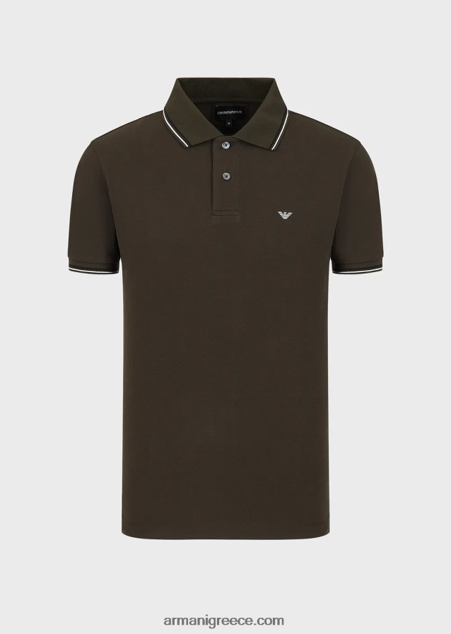άνδρες Armani Πικέ μπλουζάκι πόλο ελαστικό με μικροαετό 4046R61551 στρατιωτικό πράσινο