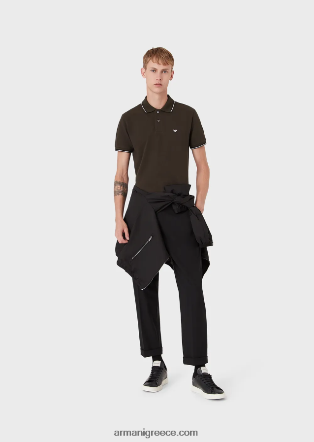 άνδρες Armani Πικέ μπλουζάκι πόλο ελαστικό με μικροαετό 4046R61551 στρατιωτικό πράσινο