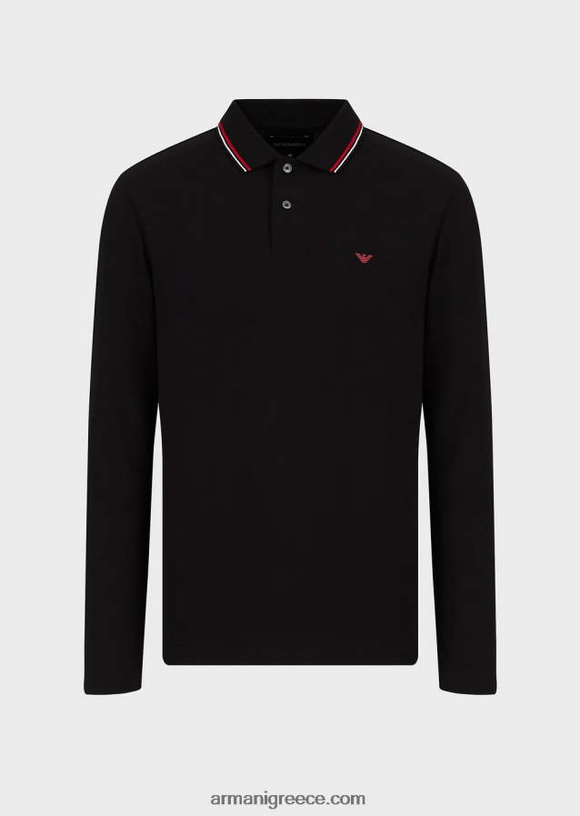 άνδρες Armani μακρυμάνικο στρετ πικέ πόλο μπλουζάκι με κέντημα μικροαετού 4046R61557 μαύρος