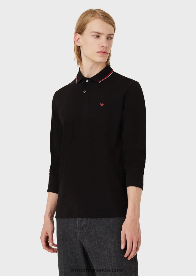 άνδρες Armani μακρυμάνικο στρετ πικέ πόλο μπλουζάκι με κέντημα μικροαετού 4046R61557 μαύρος