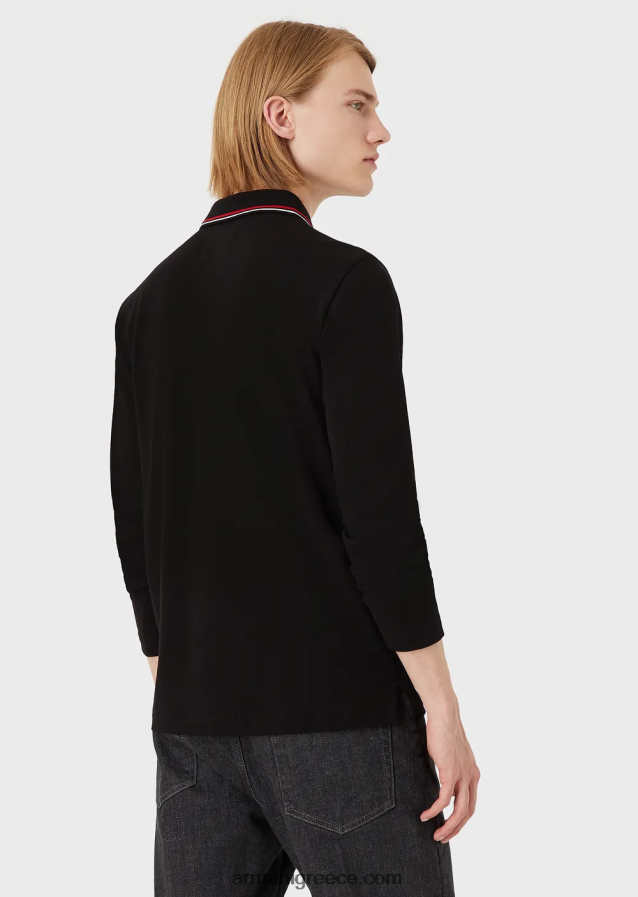 άνδρες Armani μακρυμάνικο στρετ πικέ πόλο μπλουζάκι με κέντημα μικροαετού 4046R61557 μαύρος