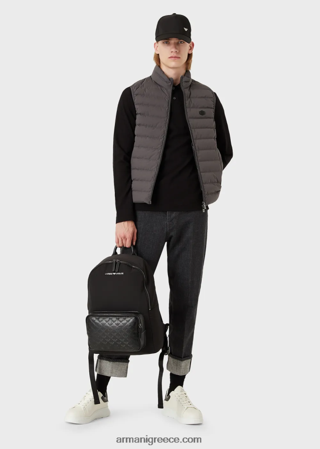 άνδρες Armani μακρυμάνικο στρετ πικέ πόλο μπλουζάκι με κέντημα μικροαετού 4046R61557 μαύρος