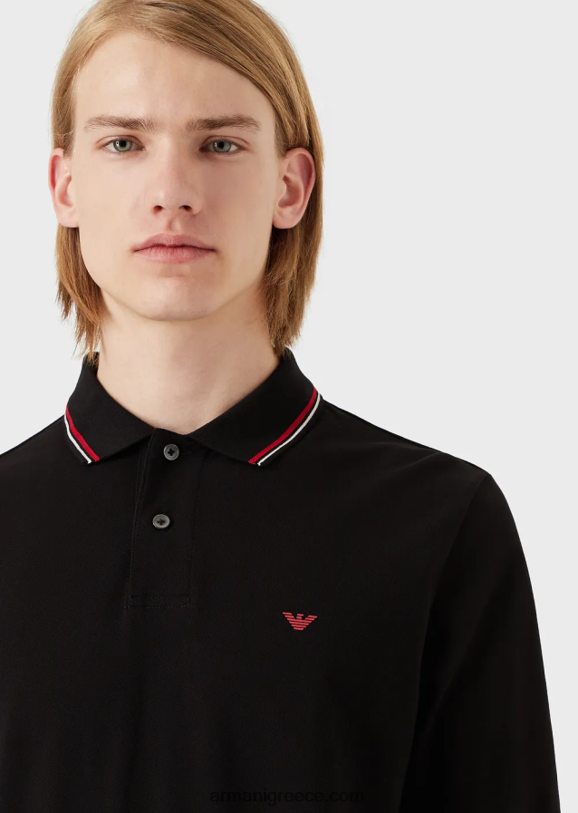 άνδρες Armani μακρυμάνικο στρετ πικέ πόλο μπλουζάκι με κέντημα μικροαετού 4046R61557 μαύρος