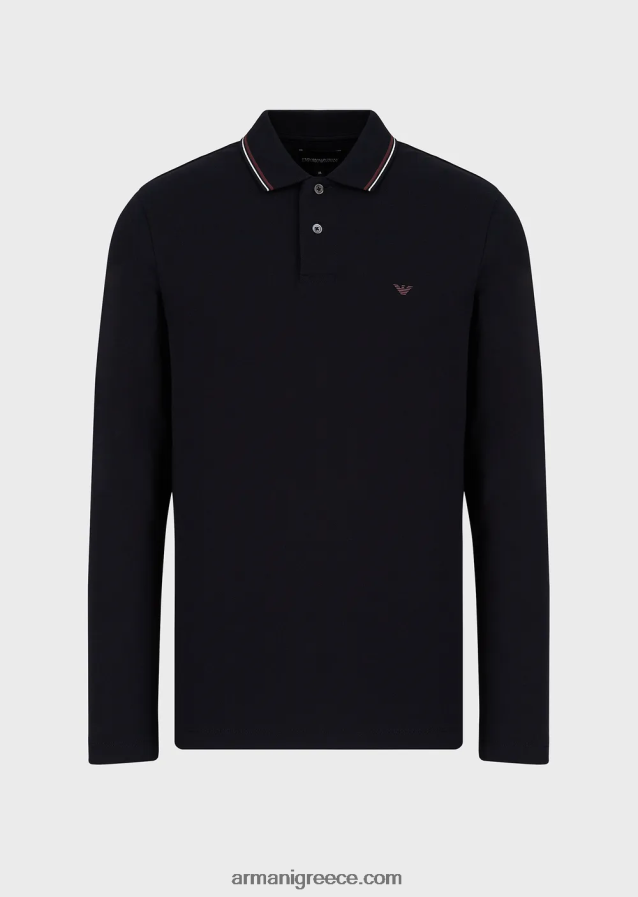 άνδρες Armani μακρυμάνικο στρετ πικέ πόλο μπλουζάκι με κέντημα μικροαετού 4046R61558 ναυτικό μπλε