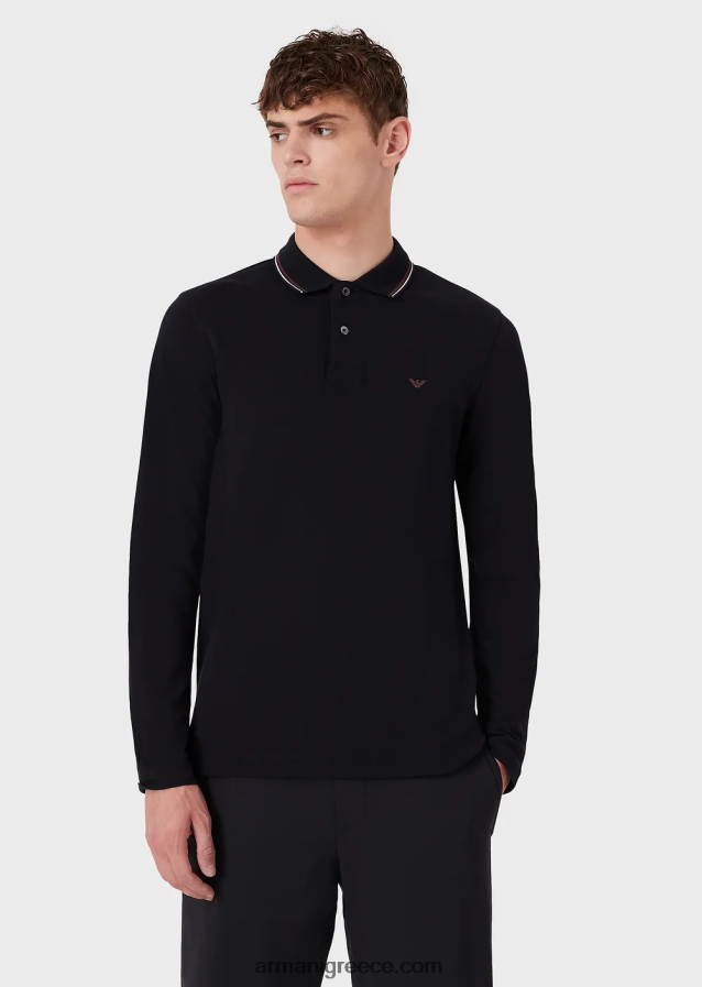 άνδρες Armani μακρυμάνικο στρετ πικέ πόλο μπλουζάκι με κέντημα μικροαετού 4046R61558 ναυτικό μπλε
