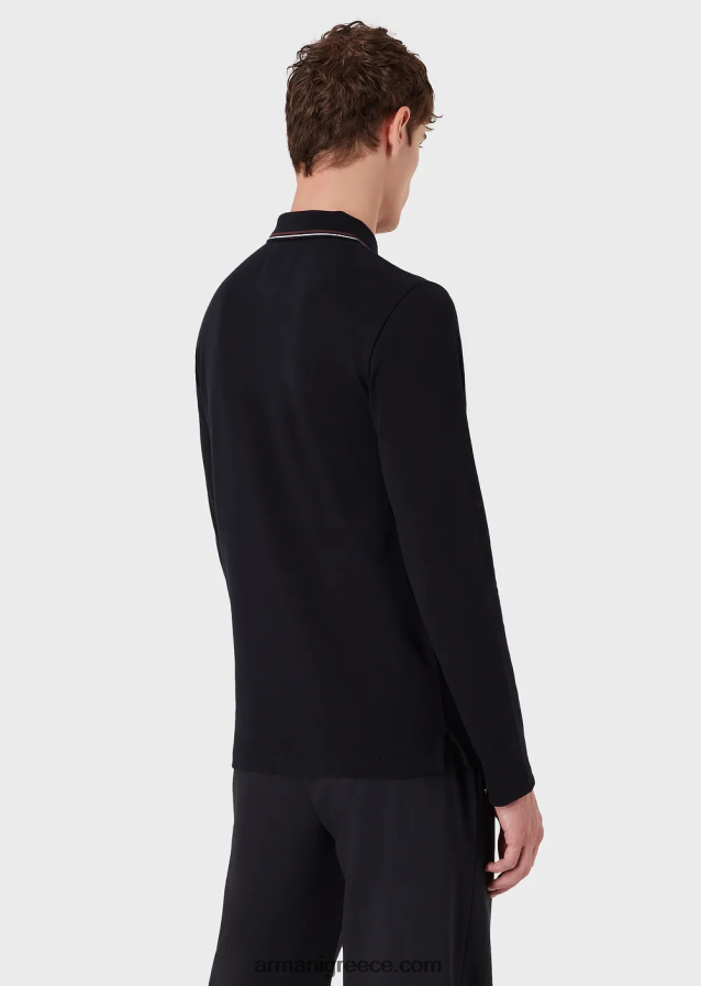 άνδρες Armani μακρυμάνικο στρετ πικέ πόλο μπλουζάκι με κέντημα μικροαετού 4046R61558 ναυτικό μπλε