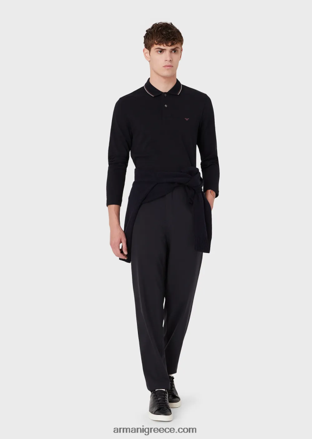 άνδρες Armani μακρυμάνικο στρετ πικέ πόλο μπλουζάκι με κέντημα μικροαετού 4046R61558 ναυτικό μπλε