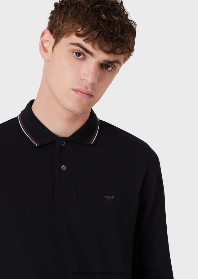 άνδρες Armani μακρυμάνικο στρετ πικέ πόλο μπλουζάκι με κέντημα μικροαετού 4046R61558 ναυτικό μπλε