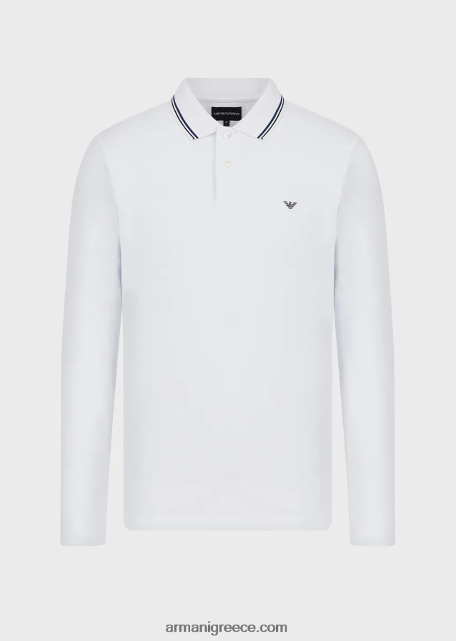άνδρες Armani μακρυμάνικο στρετ πικέ πόλο μπλουζάκι με κέντημα μικροαετού 4046R61559 άσπρο