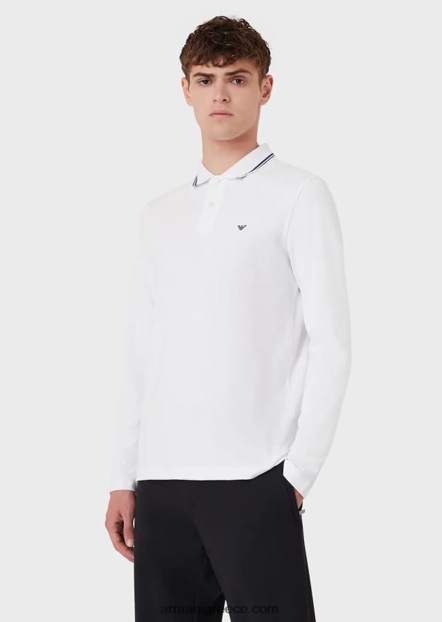 άνδρες Armani μακρυμάνικο στρετ πικέ πόλο μπλουζάκι με κέντημα μικροαετού 4046R61559 άσπρο