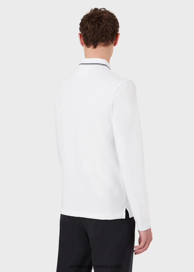 άνδρες Armani μακρυμάνικο στρετ πικέ πόλο μπλουζάκι με κέντημα μικροαετού 4046R61559 άσπρο