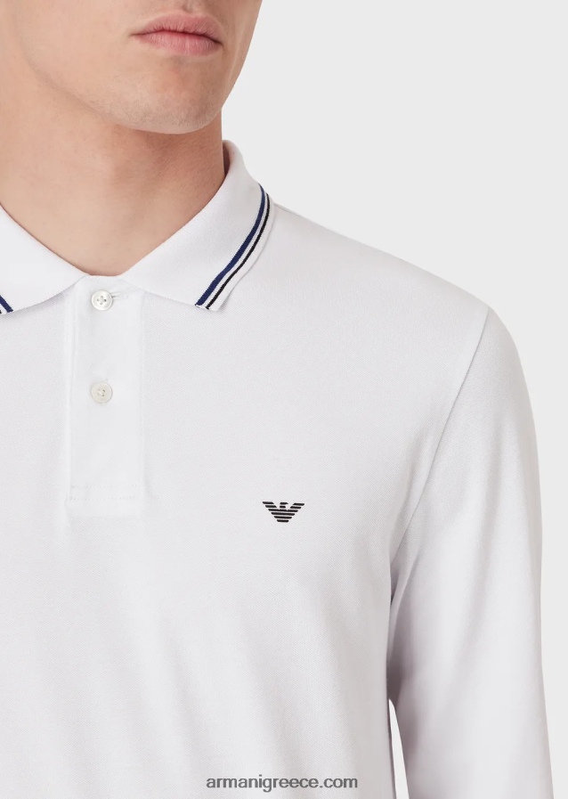 άνδρες Armani μακρυμάνικο στρετ πικέ πόλο μπλουζάκι με κέντημα μικροαετού 4046R61559 άσπρο