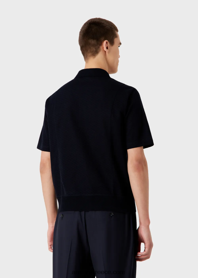 άνδρες Armani Μπλουζάκι πόλο πλεκτό ζακάρ με micro σχέδιο 4046R61538 ναυτικό μπλε