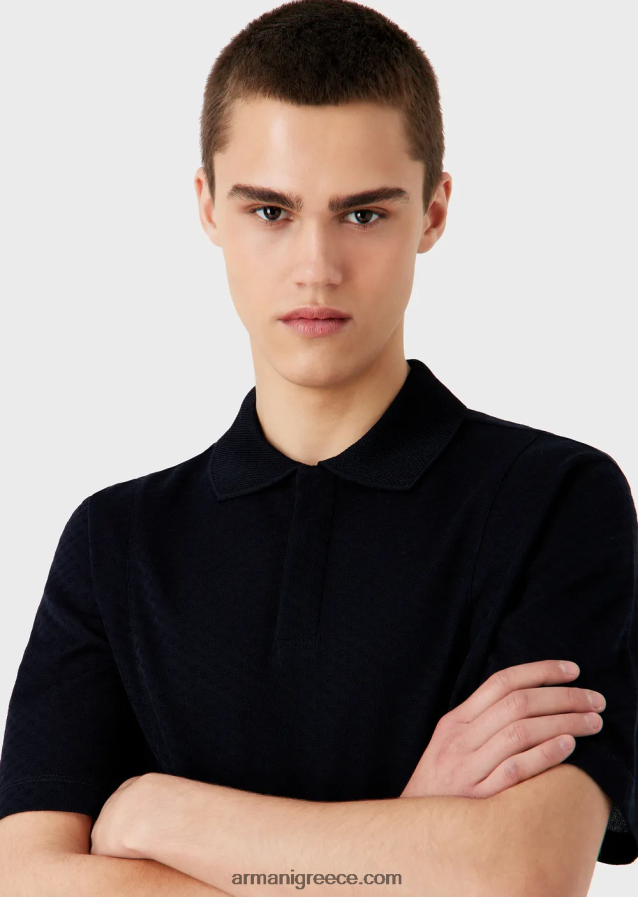 άνδρες Armani Μπλουζάκι πόλο πλεκτό ζακάρ με micro σχέδιο 4046R61538 ναυτικό μπλε
