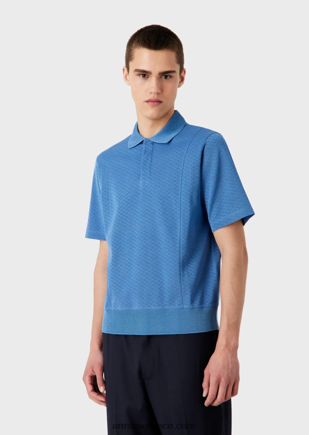 άνδρες Armani Μπλουζάκι πόλο πλεκτό ζακάρ με micro σχέδιο 4046R61539 γαλανός
