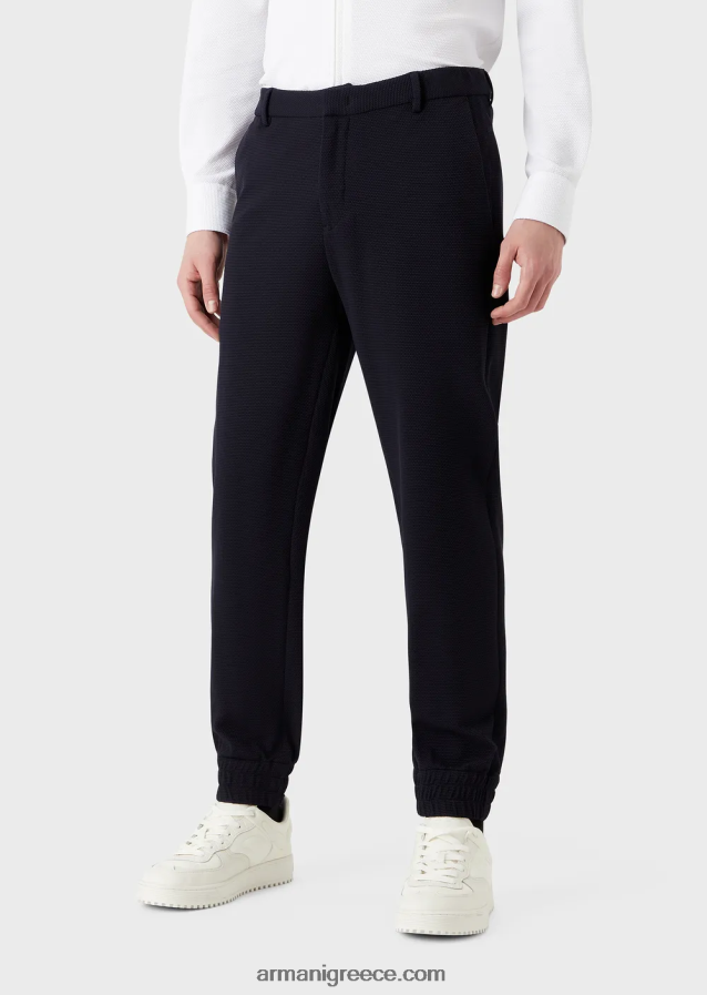 άνδρες Armani παντελόνι με ελαστικές μανσέτες στον αστράγαλο σε 3d stretch τεχνική φανέλα 4046R61368 ναυτικό μπλε