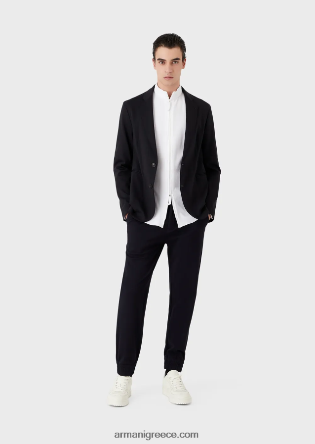 άνδρες Armani παντελόνι με ελαστικές μανσέτες στον αστράγαλο σε 3d stretch τεχνική φανέλα 4046R61368 ναυτικό μπλε