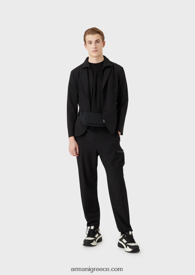 άνδρες Armani αδιάβροχο, αμφίδρομο ελαστικό τεχνικό νάιλον παντελόνι 4046R61386 μαύρος