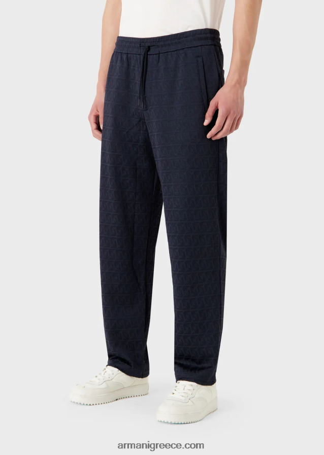 άνδρες Armani Παντελόνι με κορδόνι ζέρσεϊ με ανάγλυφο ζακάρ στυλιζαρισμένο αετό 4046R61399 ναυτικό μπλε