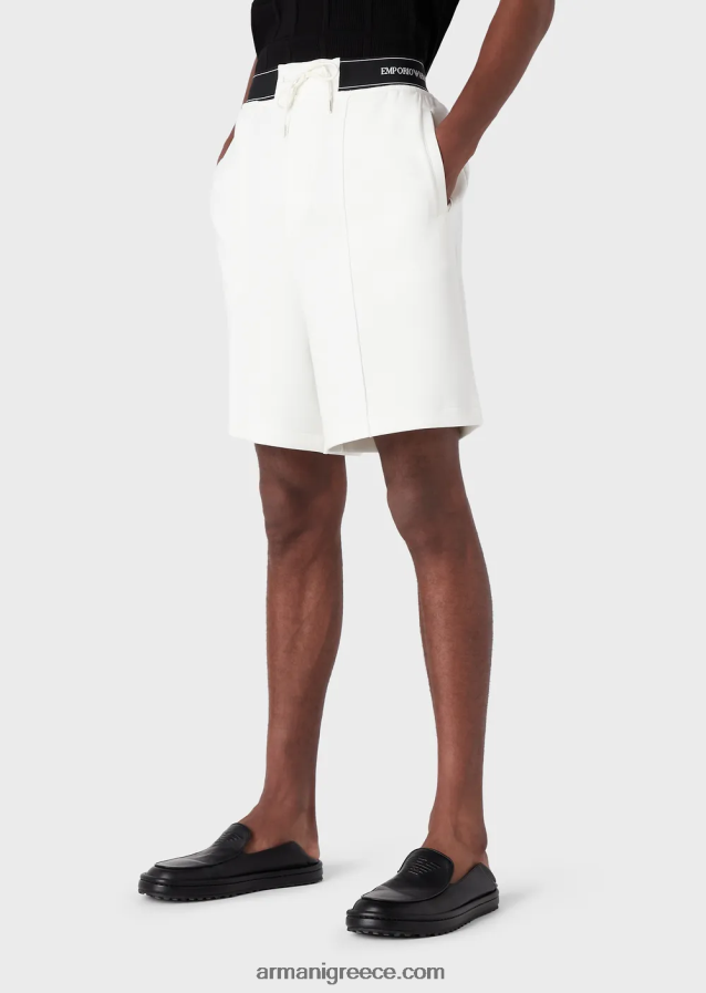 άνδρες Armani παντελόνι διπλό ζέρσεϊ με κορδόνι περίσφιξης και λογότυπο στη μέση 4046R61401 άσπρο