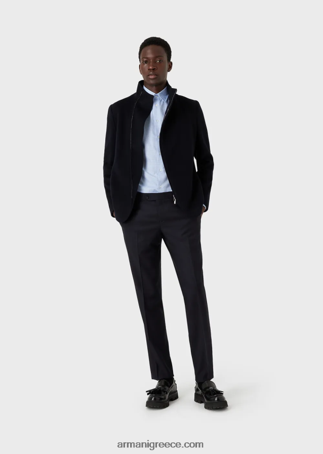 άνδρες Armani πενιέ παρθένο μαλλί, τσακισμένο παντελόνι 4046R61452 ναυτικό μπλε